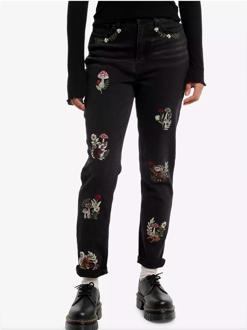 Hot Topic Mushroom & Forest Creature Embroidered Mom Jeans Junior Size 11